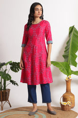 Women's Pink Floral Printed Sequined Straight Shantung Kurta and Trouser