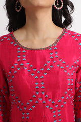 Women's Pink Floral Printed Sequined Straight Shantung Kurta and Trouser