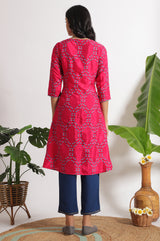Women's Pink Floral Printed Sequined Straight Shantung Kurta and Trouser
