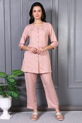 Women's Pink Embroidered Straight Rayon Co-ord Set