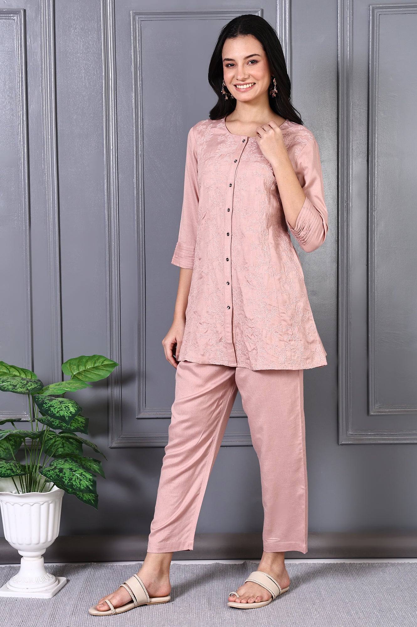 Women's Pink Embroidered Straight Rayon Co-ord Set