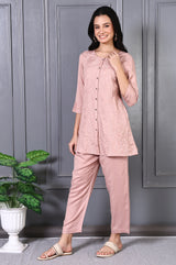 Women's Pink Embroidered Straight Rayon Co-ord Set