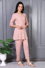 Women's Pink Embroidered Straight Rayon Co-ord Set