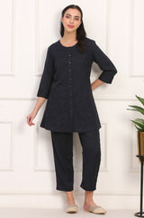 Women's Black Solid Embroidered A-Line Rayon Co-Ord Set