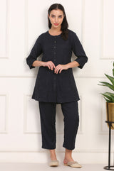 Women's Black Solid Embroidered A-Line Rayon Co-Ord Set