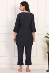 Women's Black Solid Embroidered A-Line Rayon Co-Ord Set