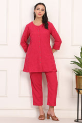 Women's Red Solid Embroidered Straight Rayon Co-ord Set