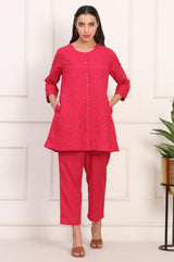 Women's Red Solid Embroidered Straight Rayon Co-ord Set