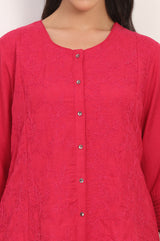 Women's Red Solid Embroidered Straight Rayon Co-ord Set