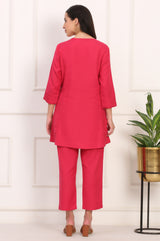 Women's Red Solid Embroidered Straight Rayon Co-ord Set