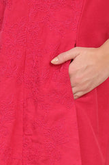 Women's Red Solid Embroidered Straight Rayon Co-ord Set