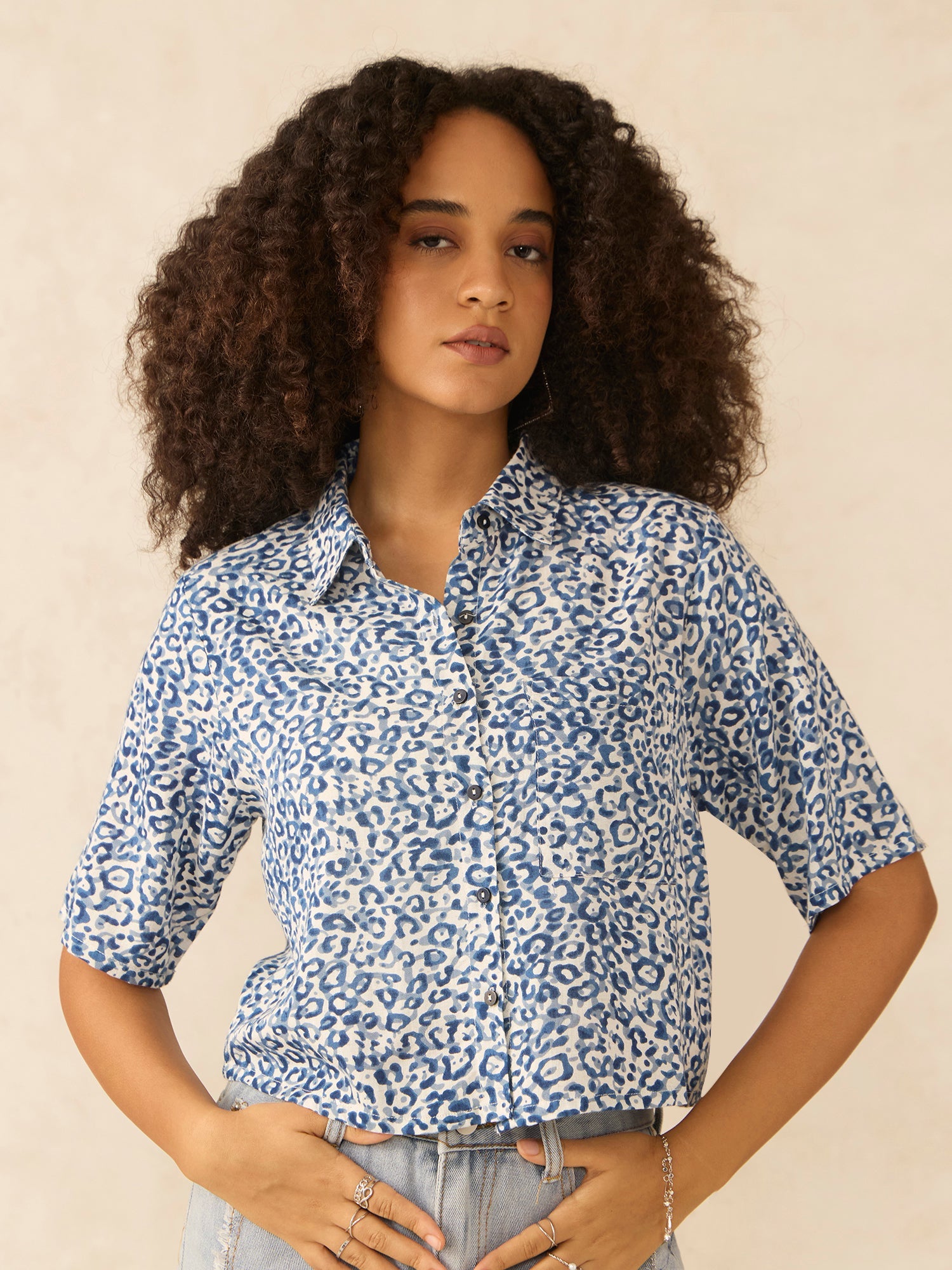 Women's Blue Printed Cropped Shirt