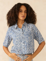 Women's Blue Printed Cropped Shirt