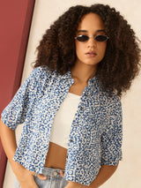 Women's Blue Printed Cropped Shirt