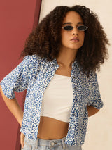 Women's Blue Printed Cropped Shirt