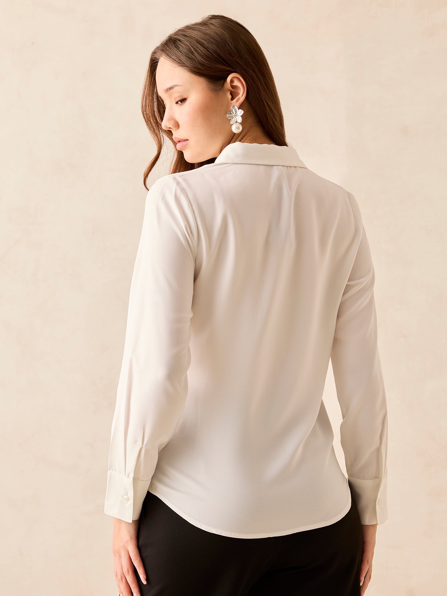 Women's White Solid Studded Regular Shirt