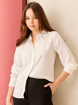 Women's White Solid Studded Regular Shirt