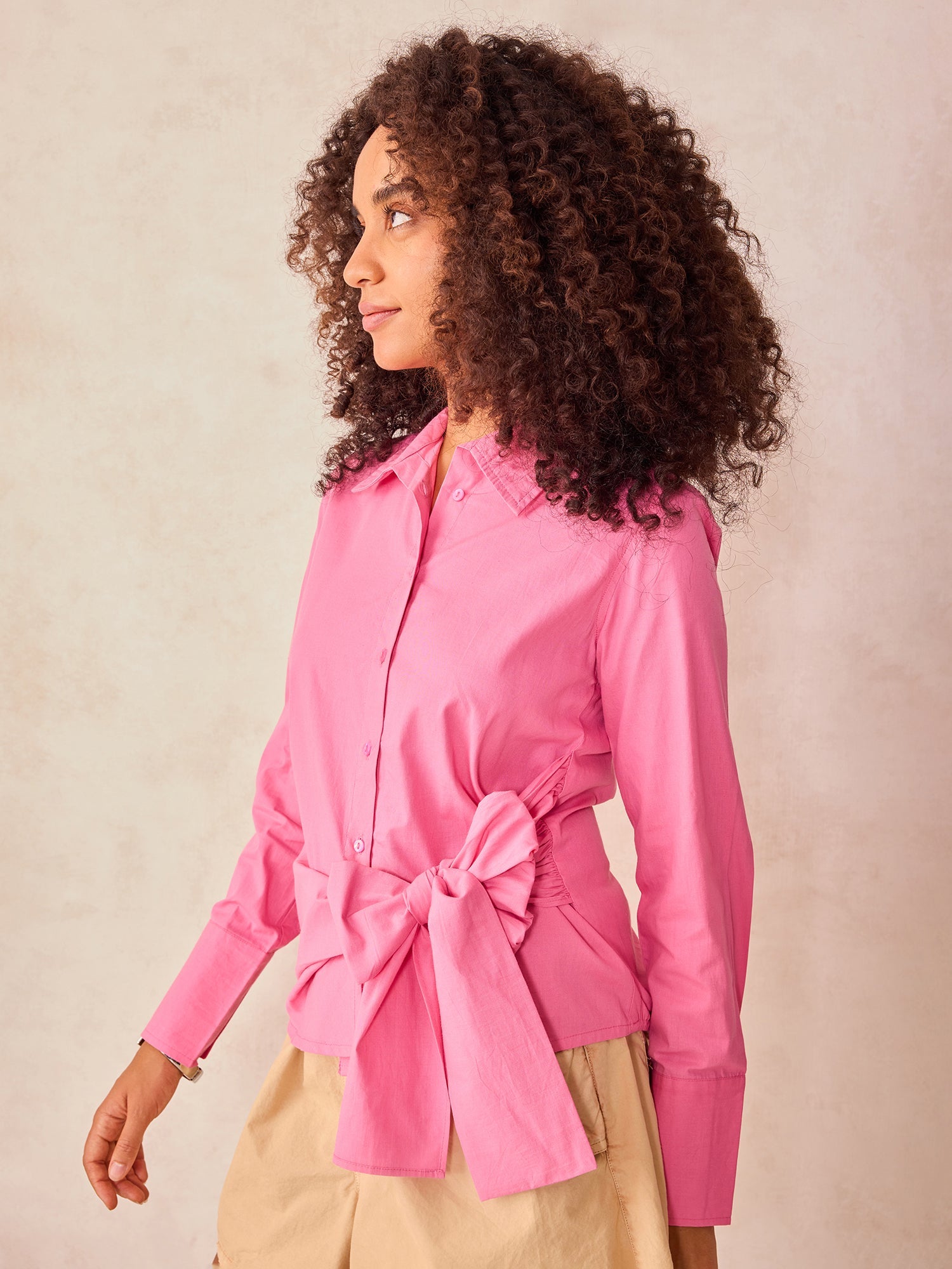 Women's Pink Front Knotted Shirt