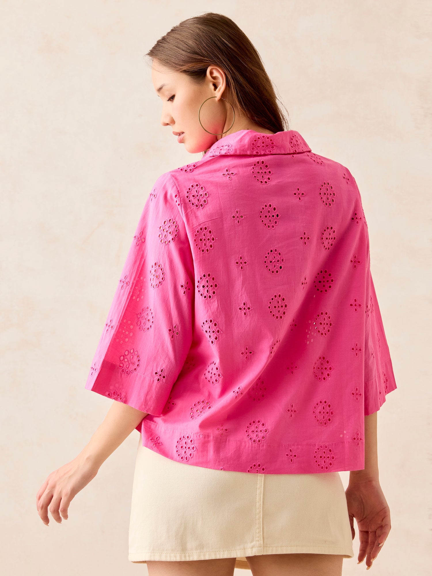 Women's Pink Full Sleeved Schiffli Shirt