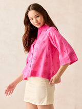 Women's Pink Full Sleeved Schiffli Shirt