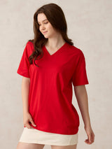 Women's Red Casual Oversized Fit Solid Tshirt