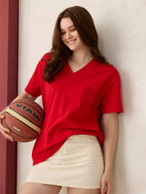 Women's Red Casual Oversized Fit Solid Tshirt