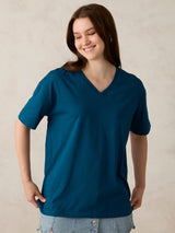 Women's Blue Casual Oversized Fit Solid Tshirt