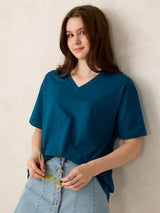 Women's Blue Casual Oversized Fit Solid Tshirt
