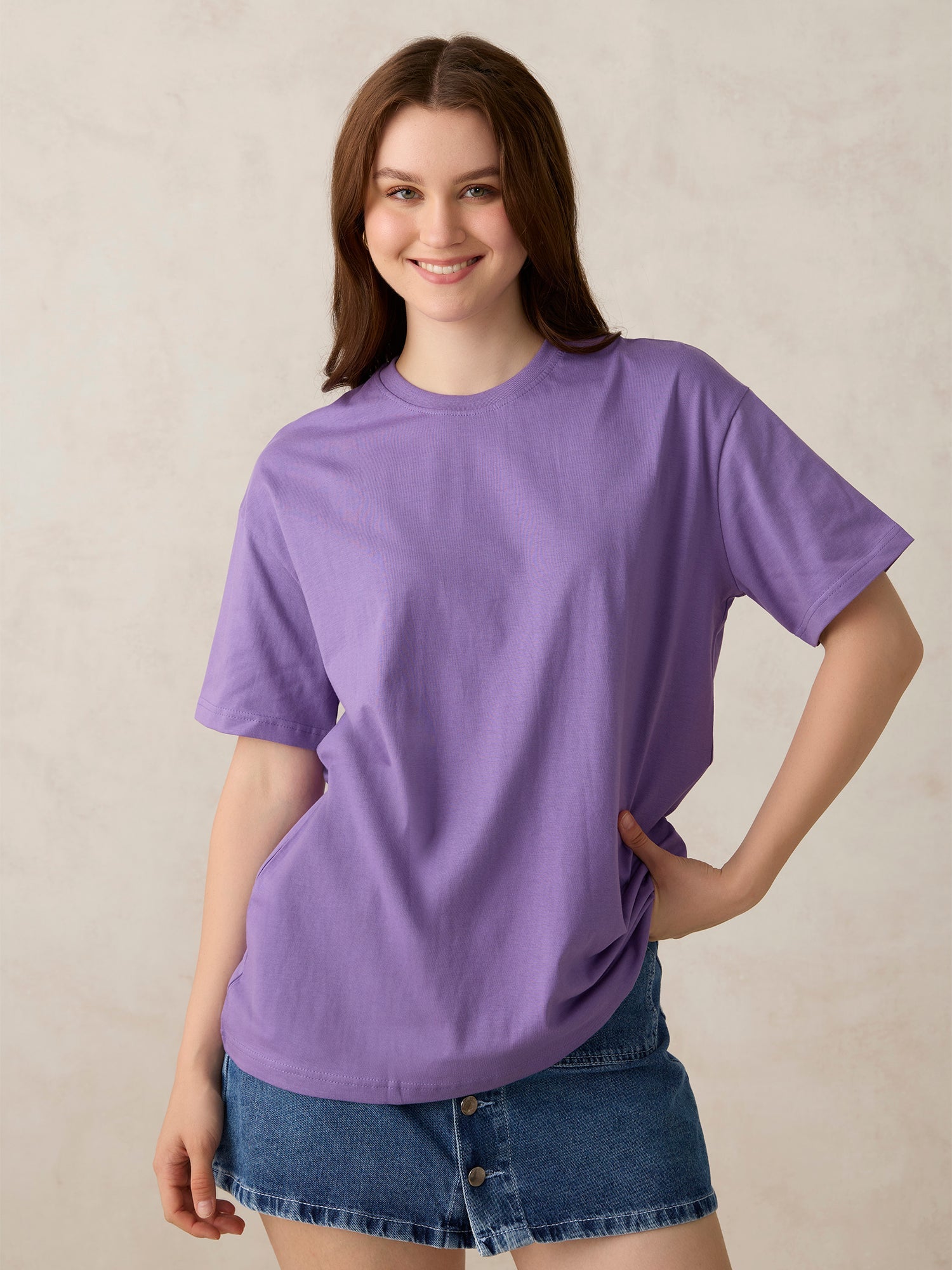 Women's Purple Casual Oversized Fit Solid Tshirt