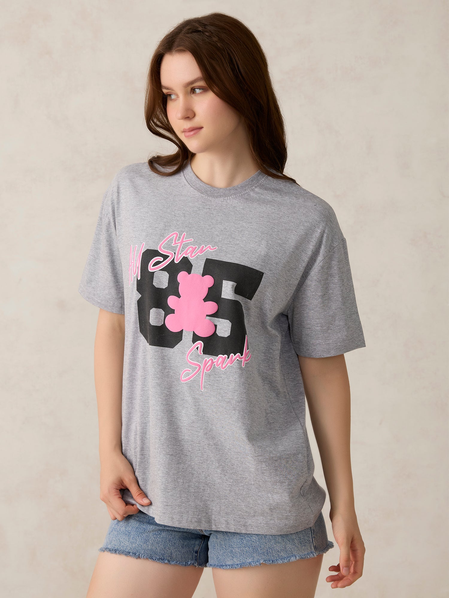 Women's Grey Graphic Oversized Tshirt