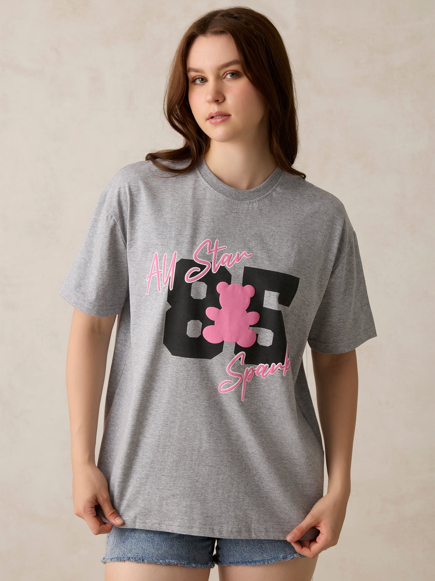 Women's Grey Graphic Oversized Tshirt