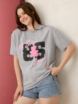 Women's Grey Graphic Oversized Tshirt