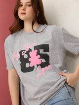 Women's Grey Graphic Oversized Tshirt