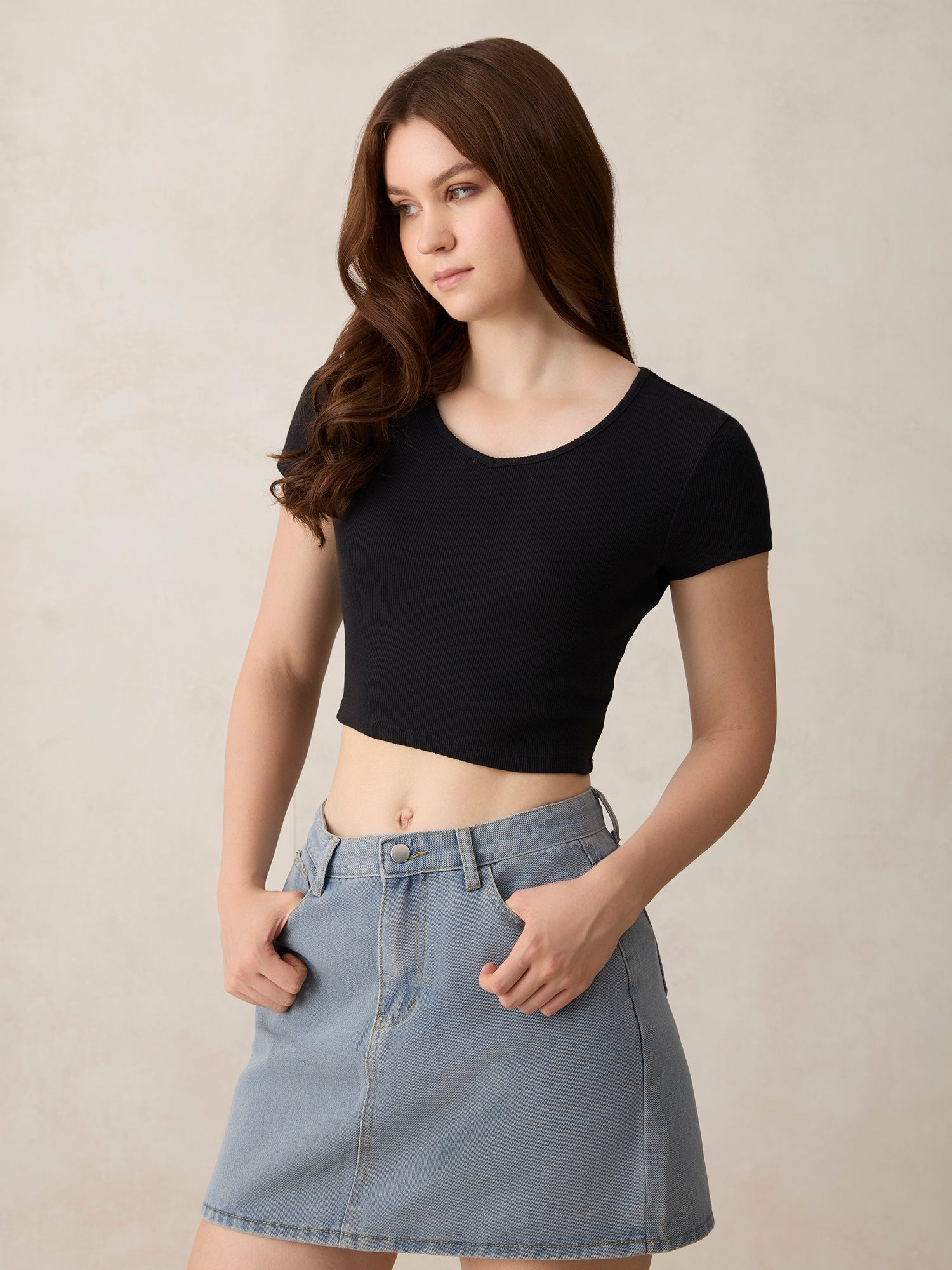 Women's Black Casual Skinny Fit Solid Top