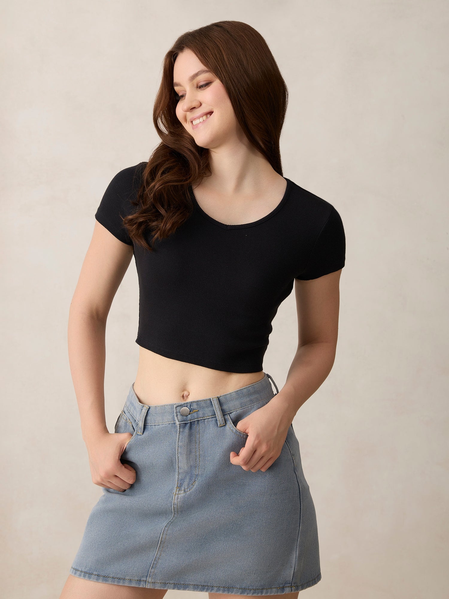 Women's Black Casual Skinny Fit Solid Top