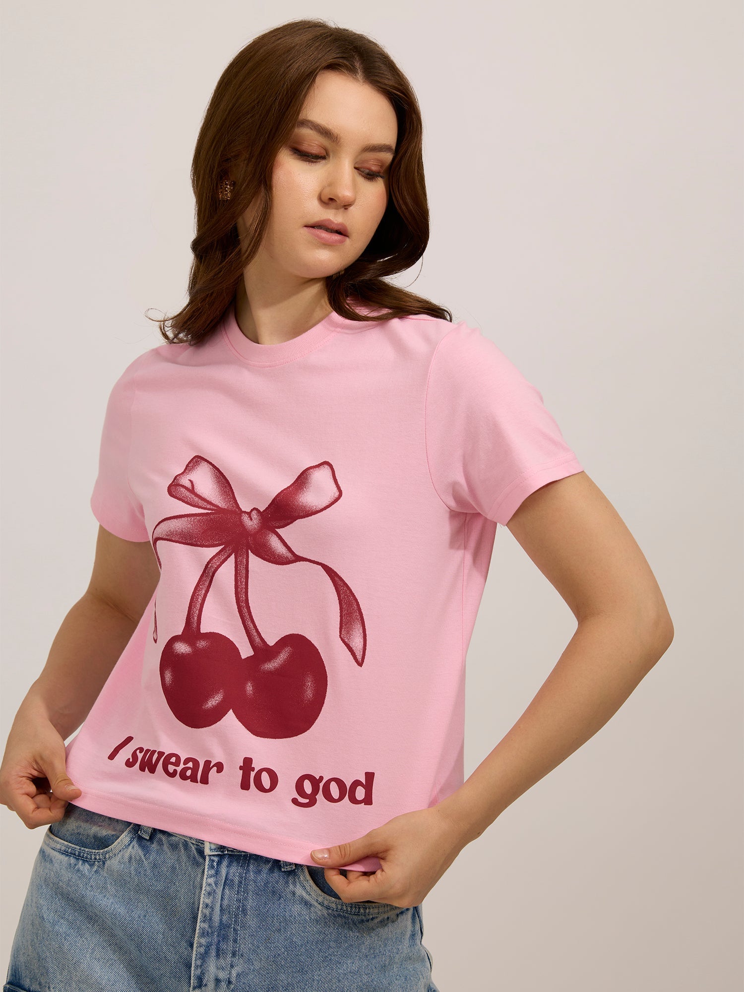 Women's Pink Graphic Regular Tshirt