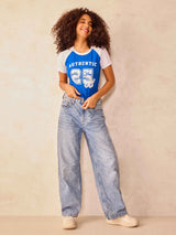 Women's Blue Raglan Cropped Tshirt with Graphic Print