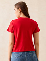 Women's Red Crew Neck Graphic T-Shirt