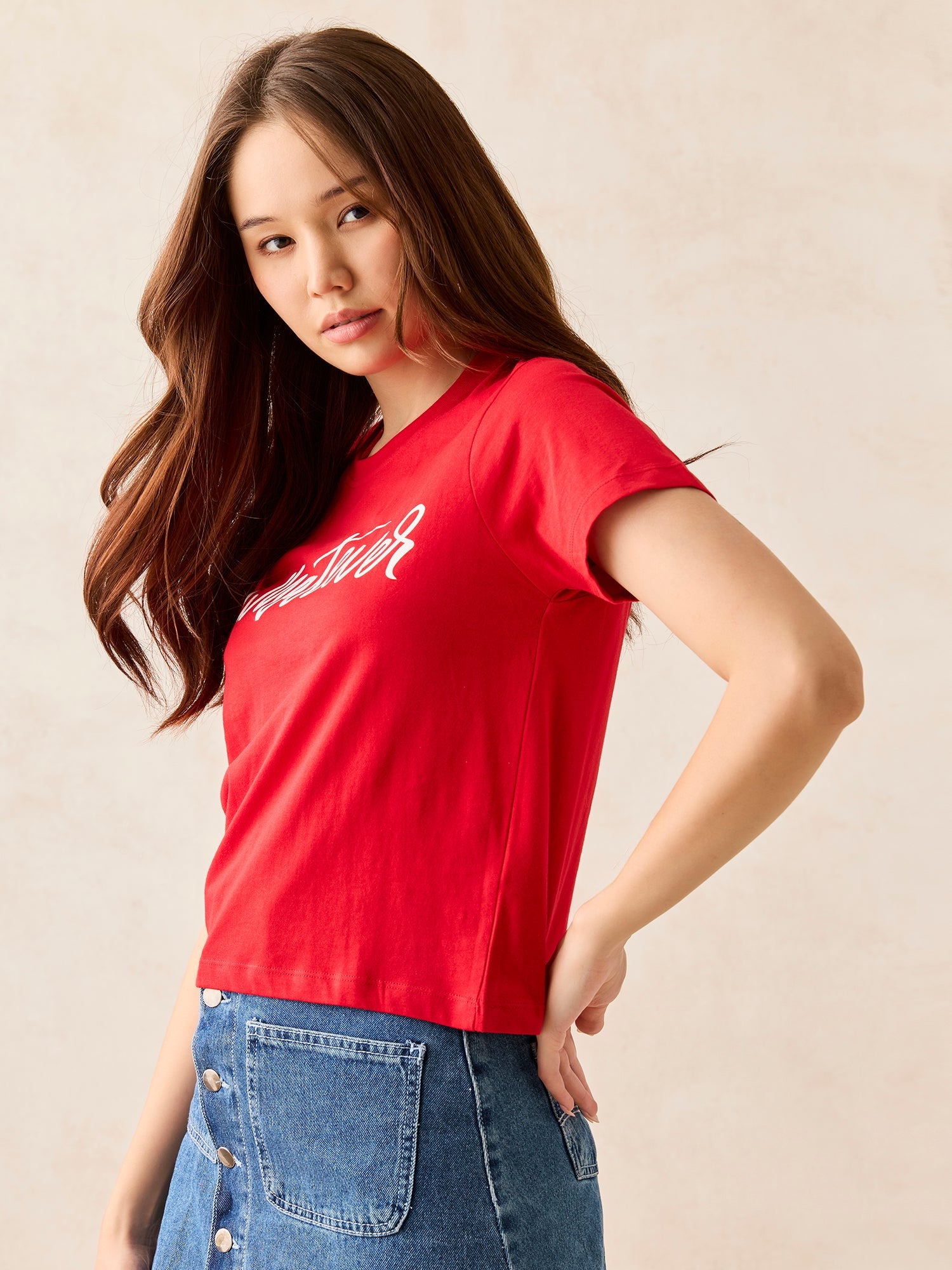 Women's Red Crew Neck Graphic T-Shirt