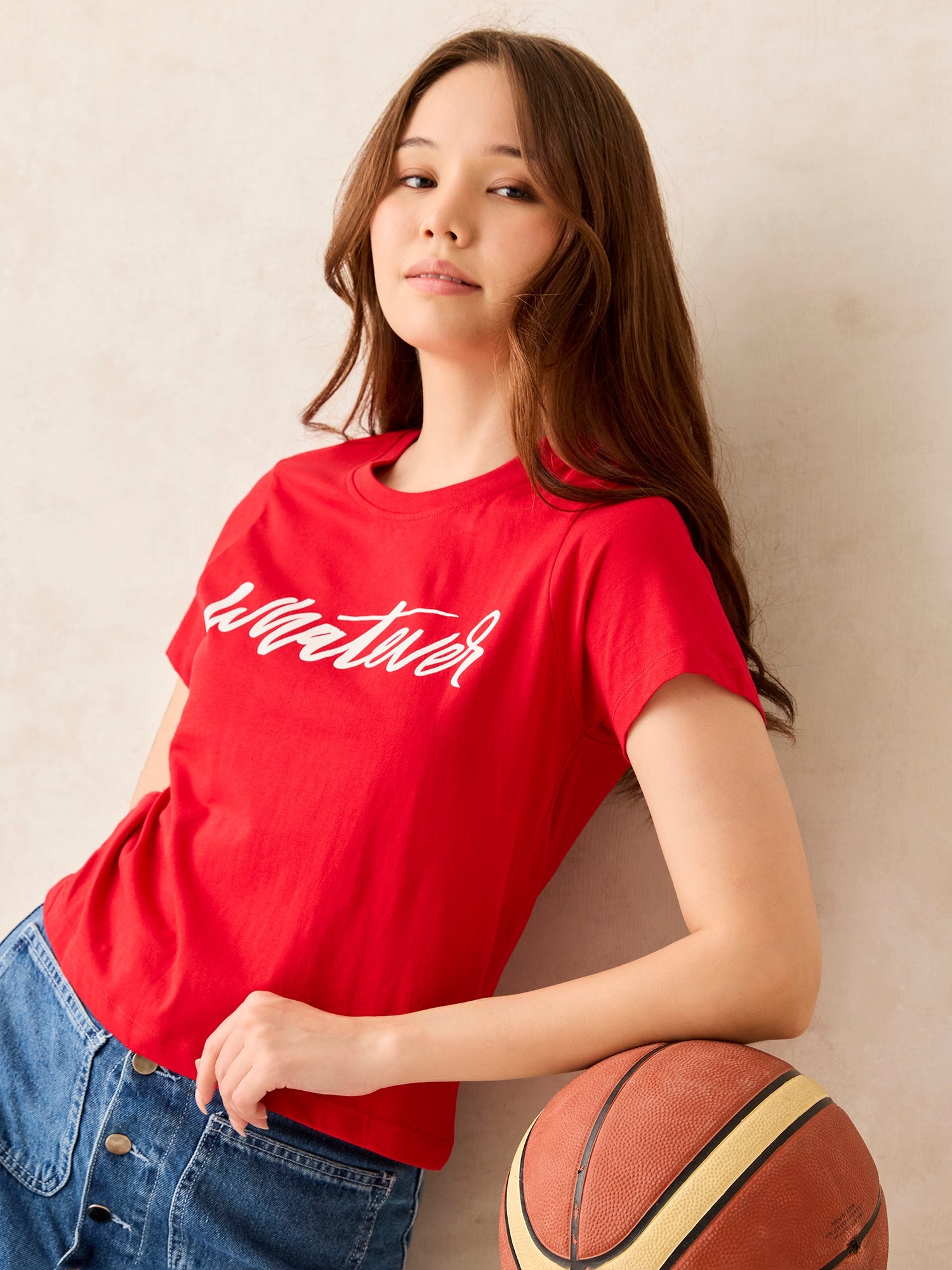 Women's Red Crew Neck Graphic T-Shirt