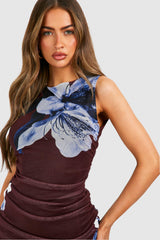 Women's Brown Casual Bodycon Printed Sleeveless Dress