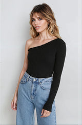 Women's Black Casual Regular Fit Solid One Shoulder Sleeve Top