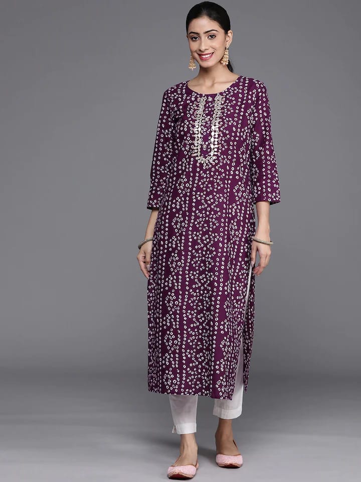 Women's Purple & White Bandhani Printed Kurta