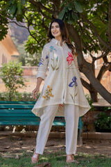 Women's White Work Regular Fit Embroidered Three Quarter Sleeves Co-Ord Sets