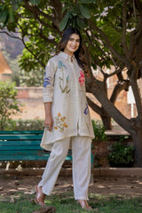 Women's White Work Regular Fit Embroidered Three Quarter Sleeves Co-Ord Sets