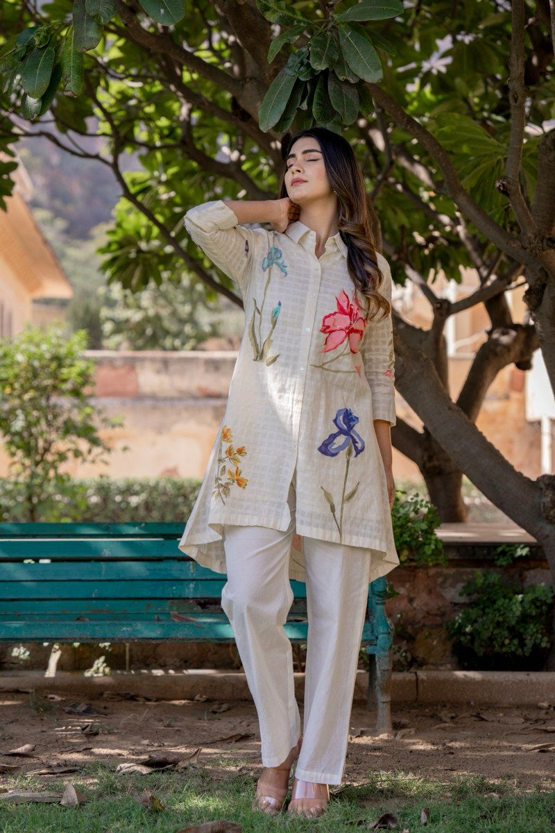 Women's White Work Regular Fit Embroidered Three Quarter Sleeves Co-Ord Sets