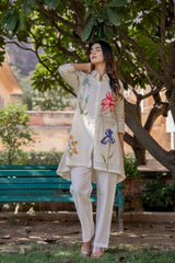 Women's White Work Regular Fit Embroidered Three Quarter Sleeves Co-Ord Sets