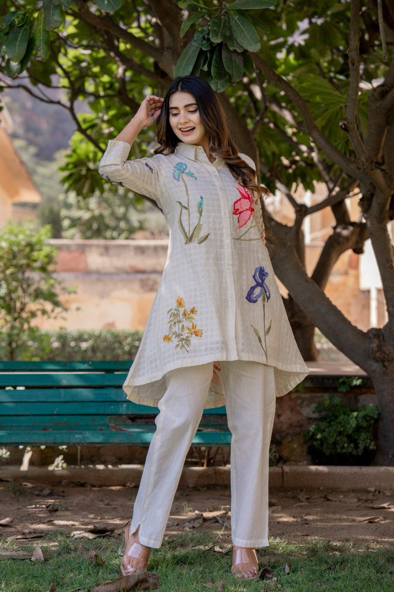 Women's White Work Regular Fit Embroidered Three Quarter Sleeves Co-Ord Sets