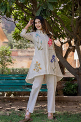 Women's White Work Regular Fit Embroidered Three Quarter Sleeves Co-Ord Sets