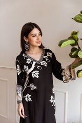 Women's Black Fusion Regular Fit Printed Full Sleeves Kurtas Sets